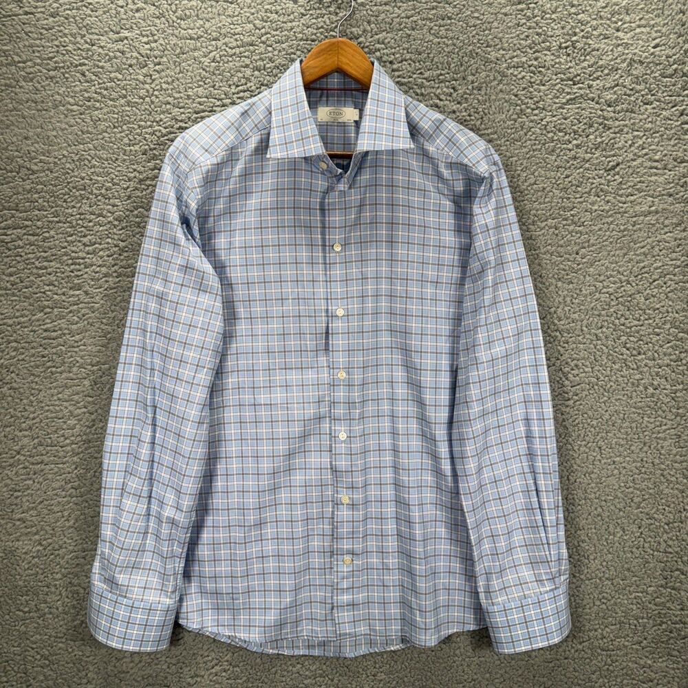 Eton Slim Blue Check Long Sleeve Collared Button Up Dress Shirt Men 42 / 16.5